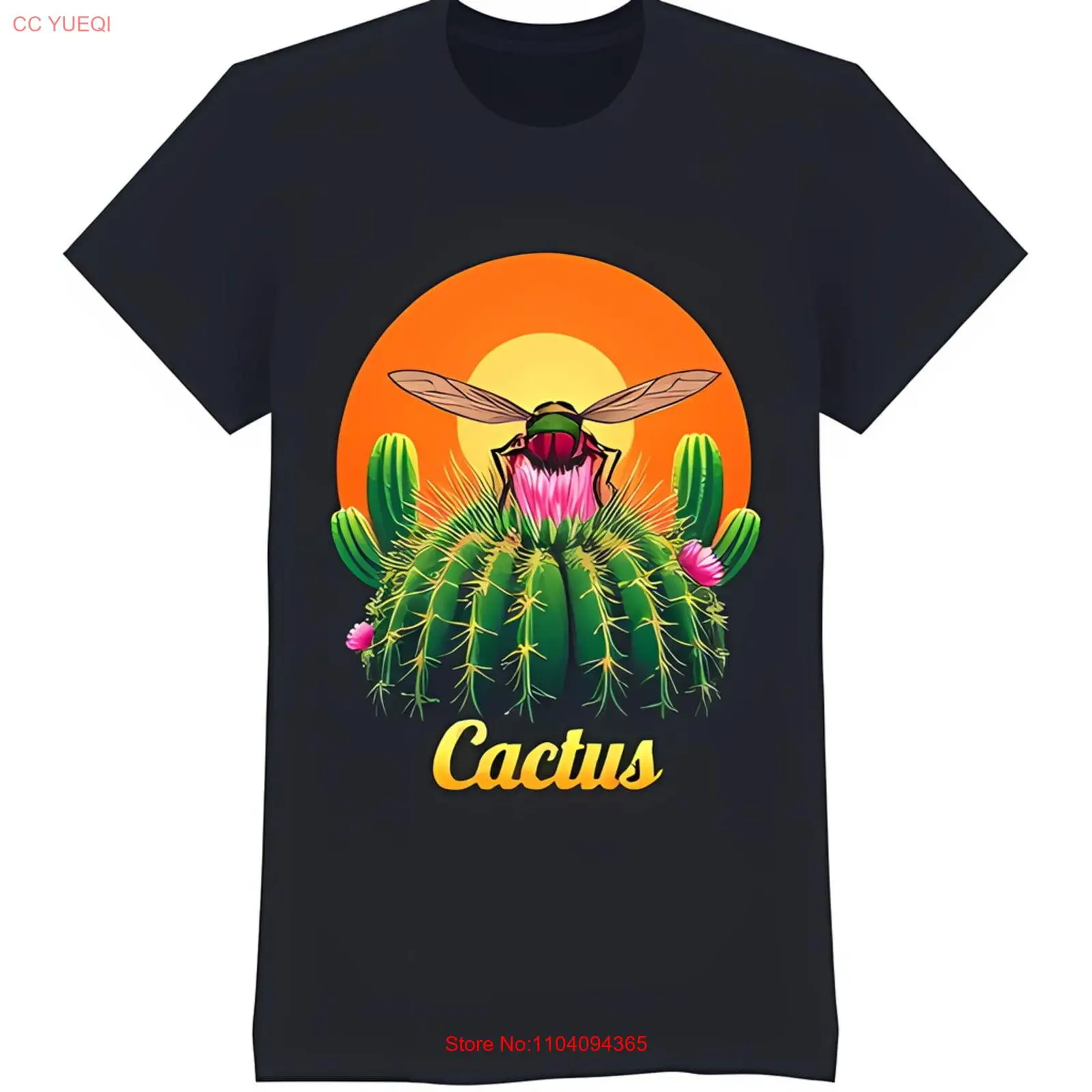 

Черная футболка с рисунком кактуса «Пчела на цветке» Желтые солнце и розовые цветы fo