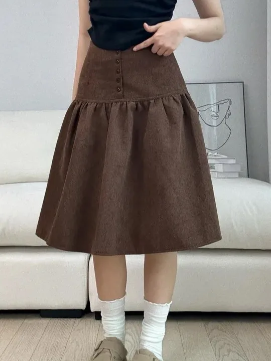 

Korean Sle Corduroy Women's Midi Skirt Faion A-Line Design Slimming Versatile Autumn Winter Anti-Aging Ci Commute Skirt
