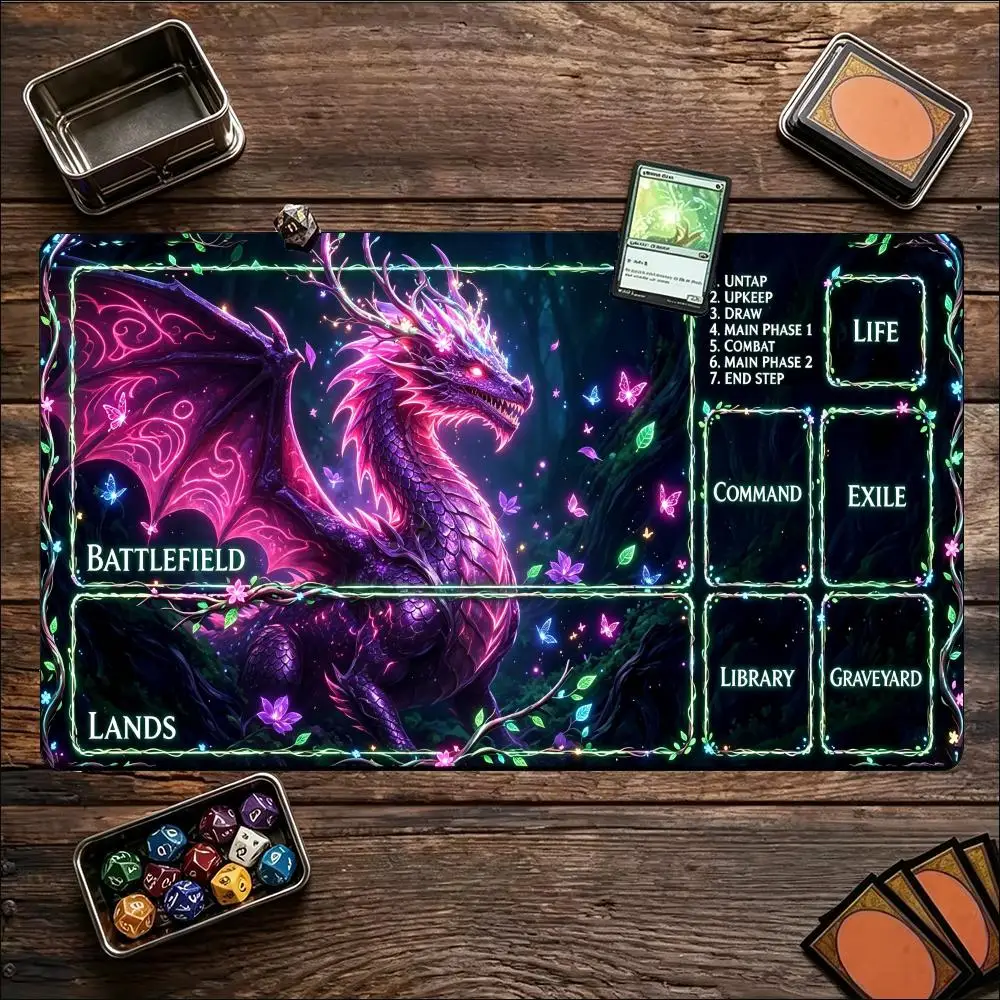 Cute Purple Pink Magical Dragon Enchanted Forest Butterfly Large Gaming Playmat Non Slip Rubber Base XXL Desk Mat for Gamers