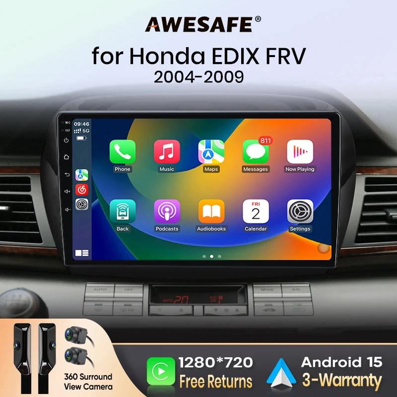 AWESAFE CarPlay et Android Auto sans fil pour Honda FR-V (BE) 2004-2009 Autoradio Lecteur Multimédia Stéréo Wi-Fi GPS Navigation 2 Din Système Intelligent de Voiture 1280*720 IPS Unité Centrale FM RDS DSP SWC BT Plug and Play ISO