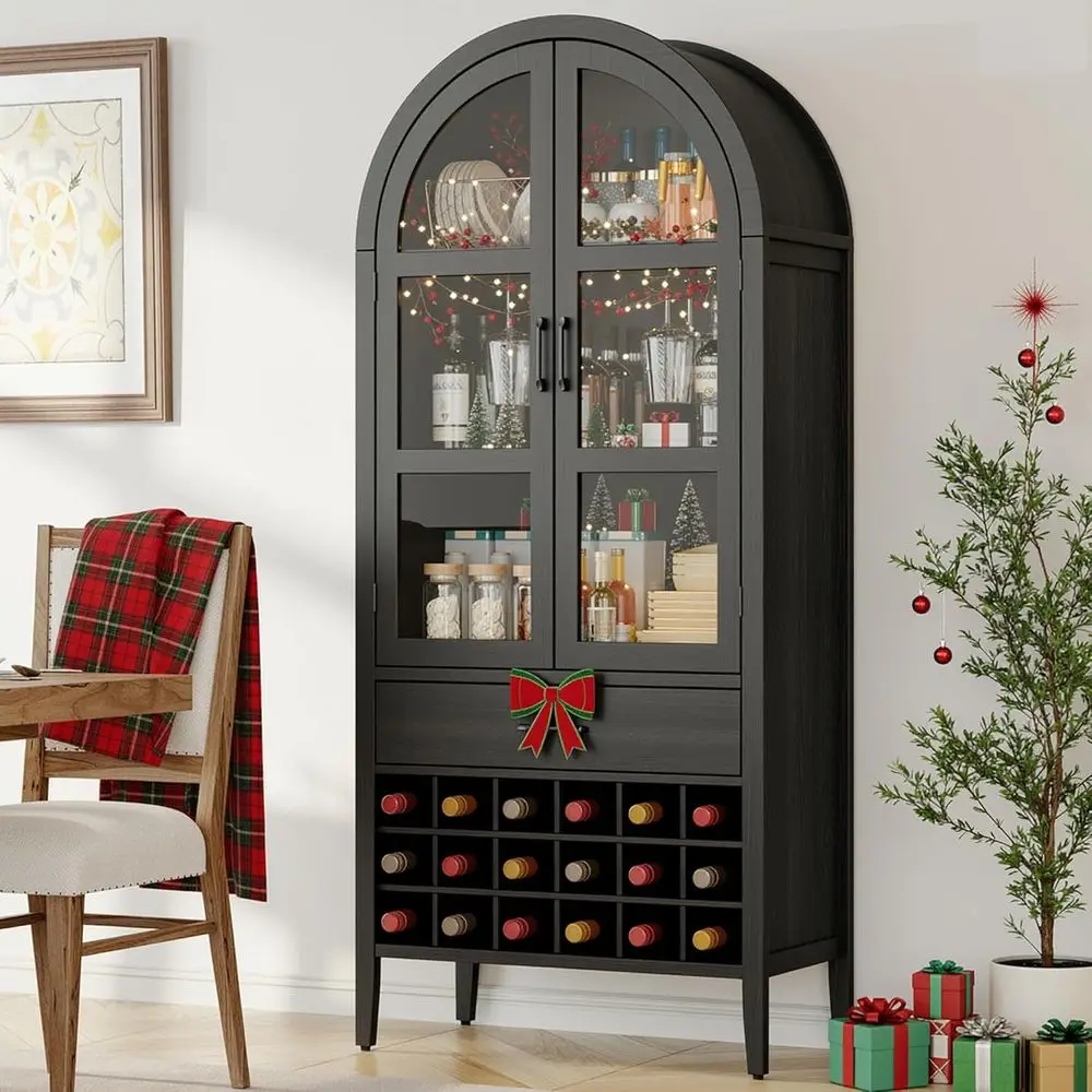 

Барный шкаф-витрина высотой 71 дюймов с арочными дверцами и полками для хранения, для дома, кухни, кладовой или столовой