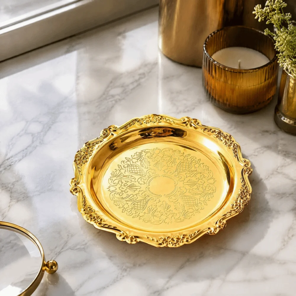 2pcs Golden Color Metal Serving Plate 4 Inch Diameter Carved Edge Fruit Decorative Plate Vintage Style Round Food Tray
