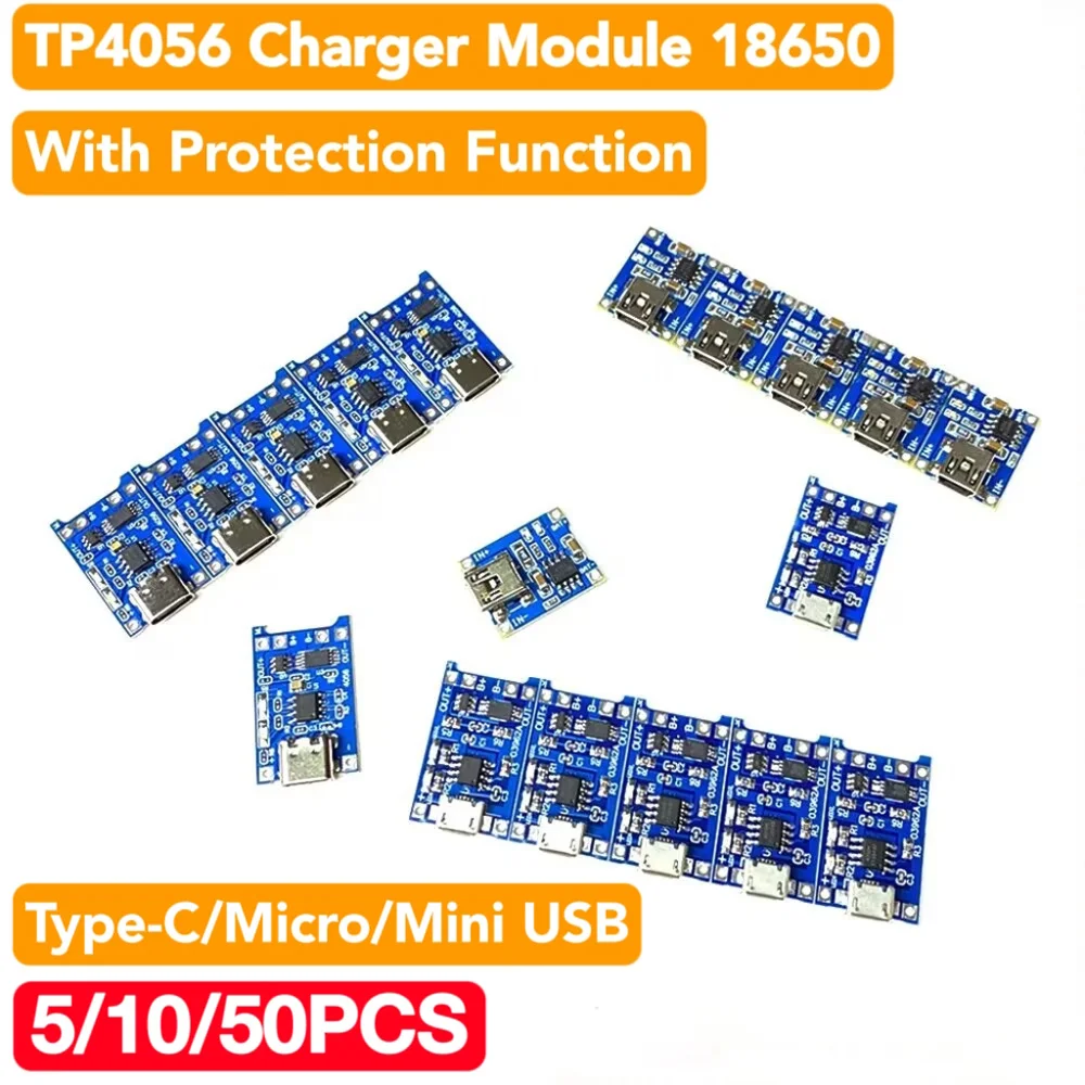 

5-50PCS Type-c Micro USB 5V 1A 18650 TP4056 Lithium Battery Charger Module Charging Board With Protection Dual Functions 1A