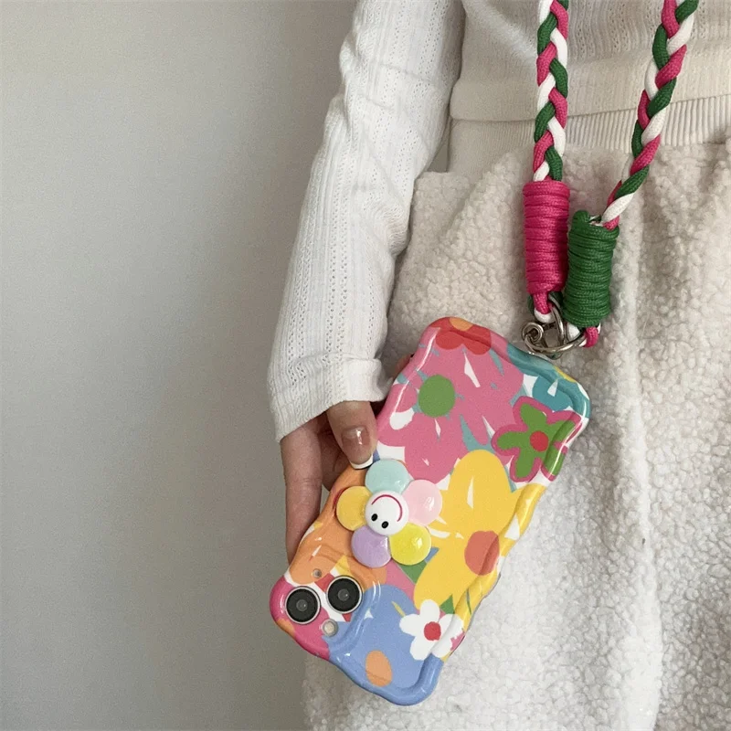 Color Crossbody Shoulder Strap Phone Case For iPhone 14 11 12 13 Pro Max 14pro Cover Korean Cute Flower Silicone Cases For Women