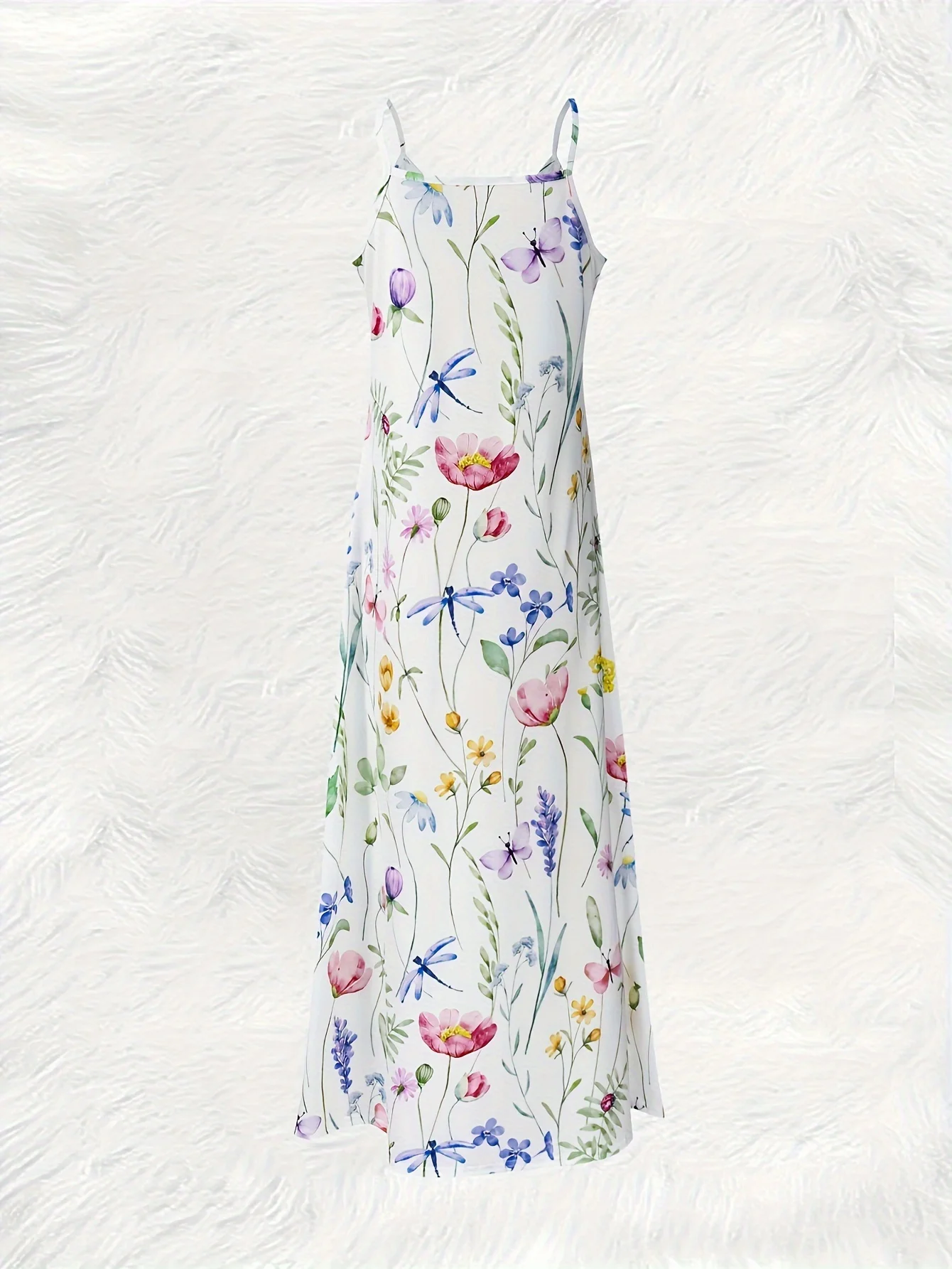 Printed Design Four Seasons casual style Floral Pattern With Butterflies And Leaves V-neck sling dress
