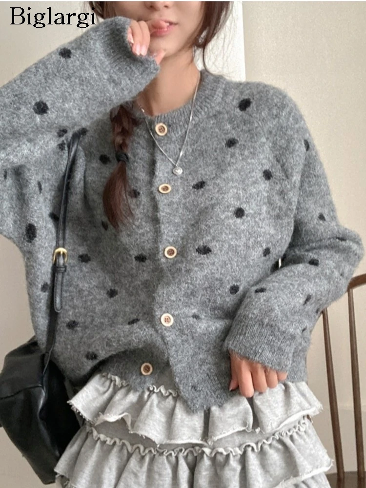 

Вязаный осенний кардиган женский с принтом в горошек модный корейский стиль женские укороченные кардиганы свободные женские свитера пальто