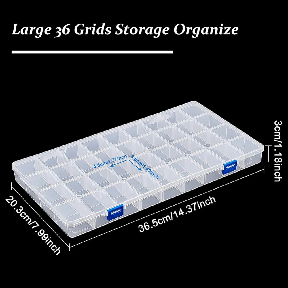 2 pcs 36 Grids 14.3x8x1.18 Inch Large Transparent Plastic Compartment Box Grid Bead Organizers with Adjustable Dividers