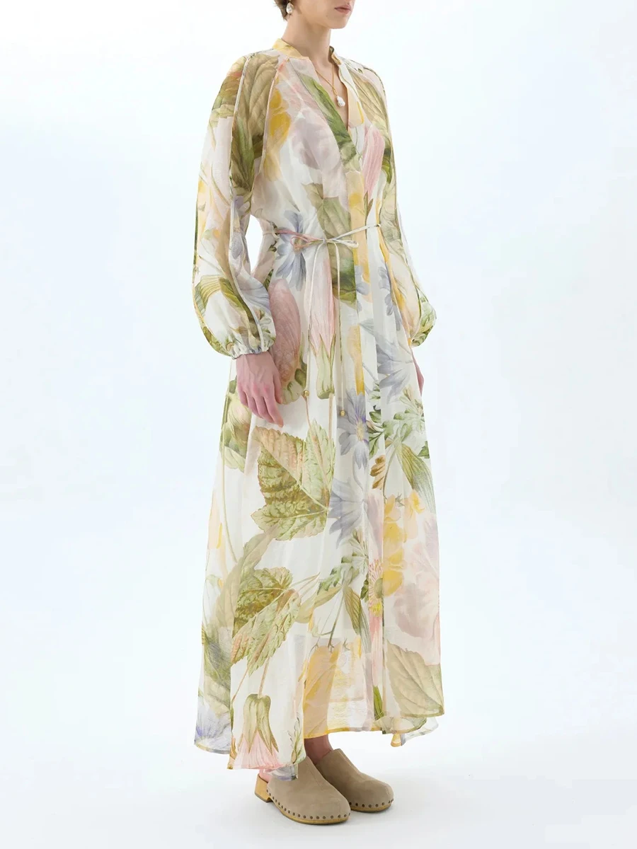 เดรสยาวสไตล์โบฮีเมียนสำหรับผู้หญิง คอวี แขนพอง แต่งผ้าลูกไม้พิมพ์ลาย ผ้าตาข่ายโปร่งแสง รุ่นใหม่สำหรับฤดูใบไม้ร่วง