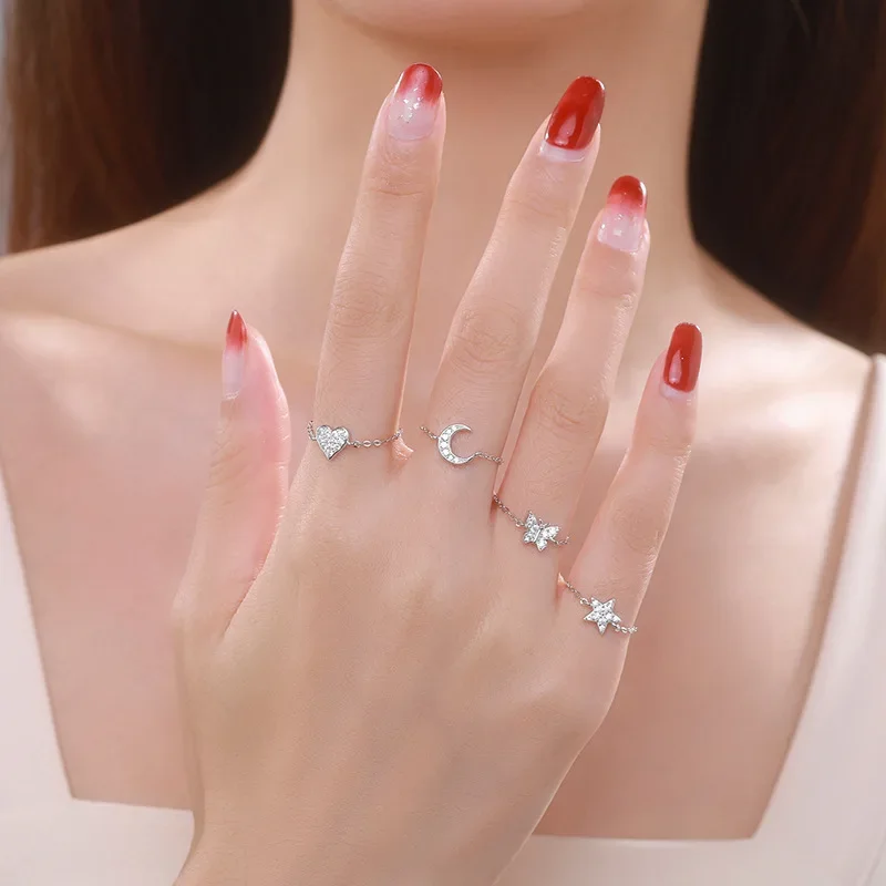 S925 Sterling Silver Moon Sparkling Diamond Ring for Female Actress Elegant Light Luxury Open Chain Ring Fashionable