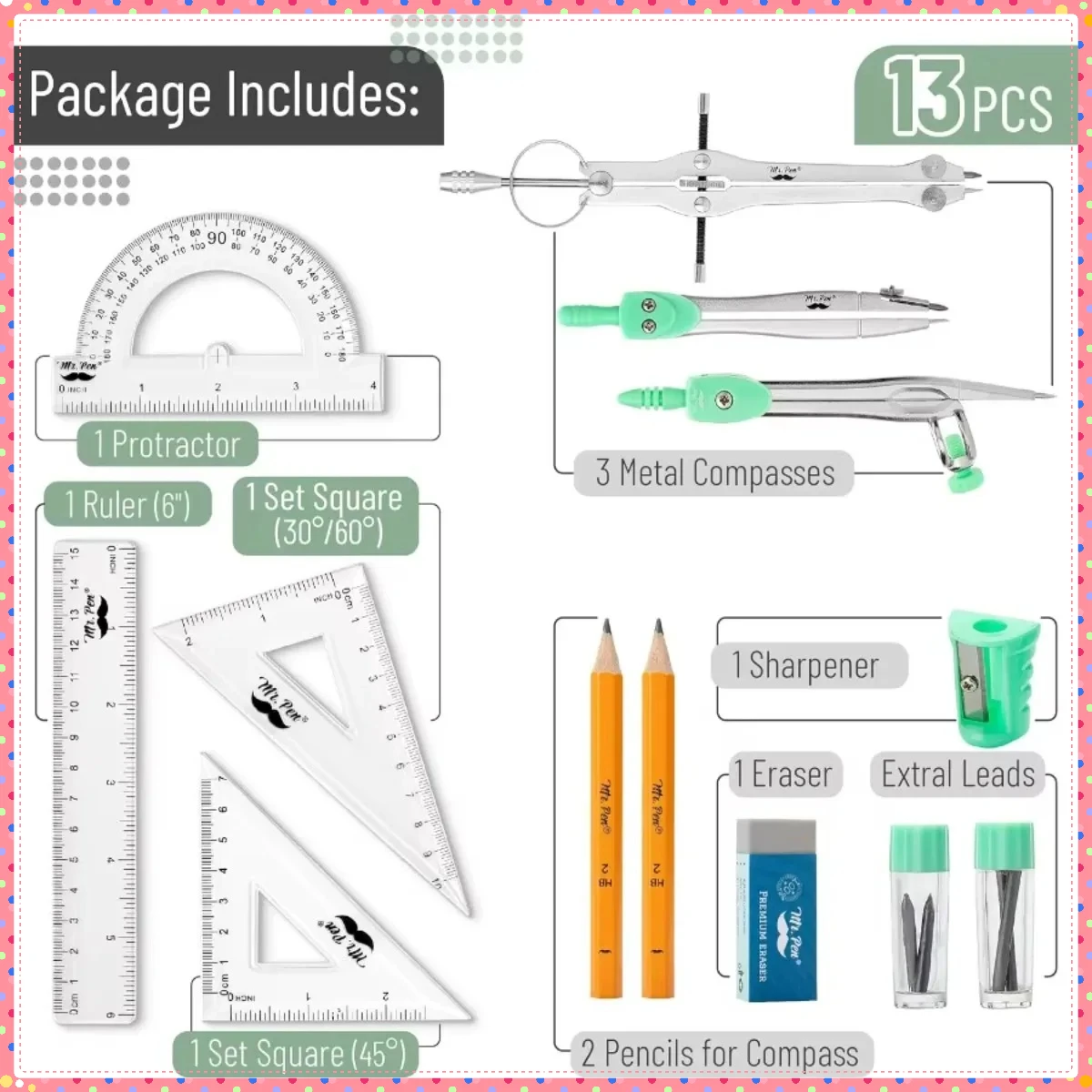 مجموعة هندسية مقاومة للكسر: مجموعة مكونة من 13 قطعة باللون الأخضر النعناعي مع بوصلة دقيقة للرياضيات. مثالية للطلاب