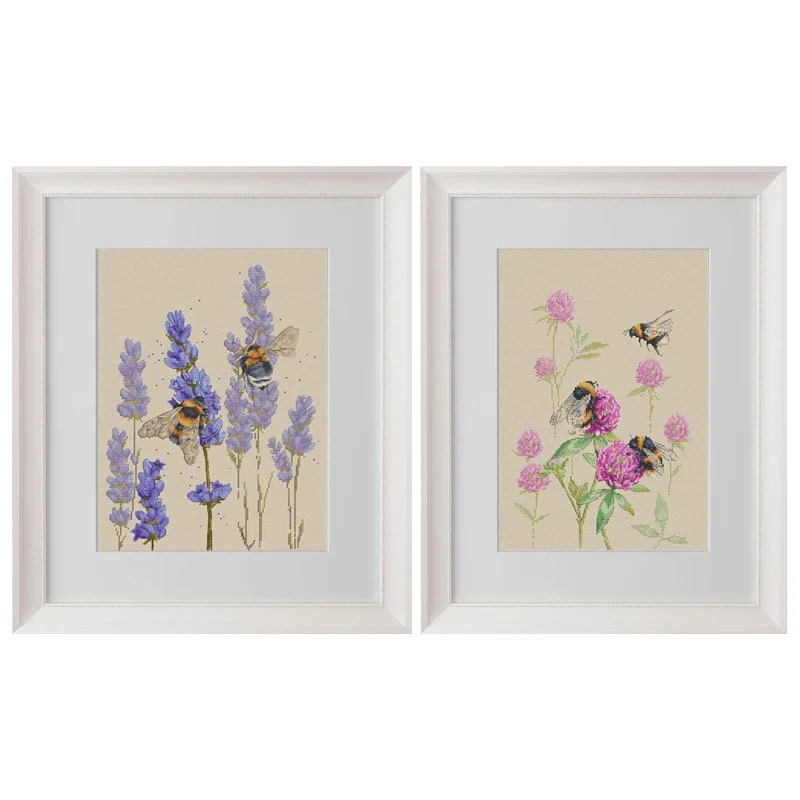 Amishop Top Quality Beautiful Counted Cross Stitch Kit Lavender And Bumblebee Clover Bee Plant Hydrangea Insect Embroidery 40097