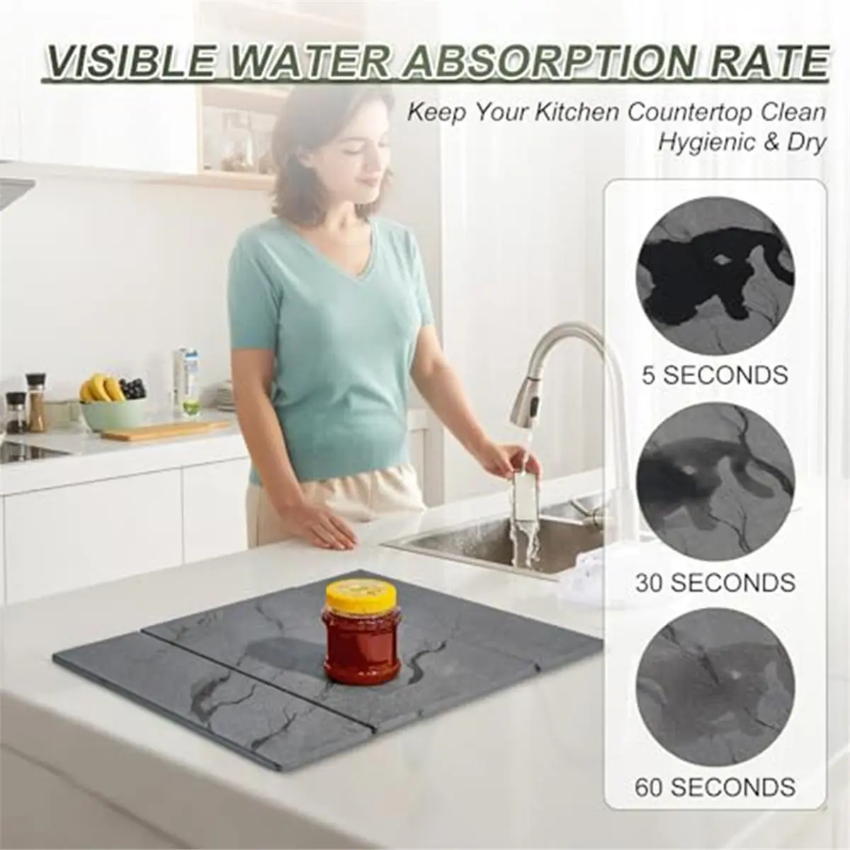 HAPPYDAY~ Large Stone Dish Drying Mat, Suitable for Kitchen Countertops, Foldable, Quick-Drying, Stylish Diatomaceous Earth