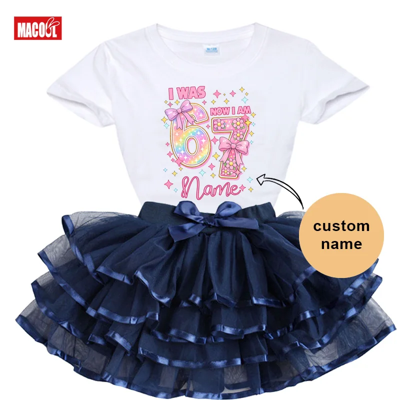 Custom Name 7th Birthday Outfit for Girls Kids Tutu Skirt Set Party DressGirl Outfits I WAS 6 NOW I AM 7 Tutu Set Personalized