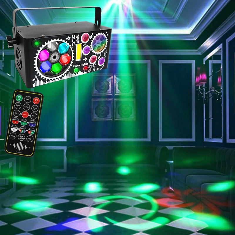 Dj Disco Party Light Remote Control DMX RGB Laser Projection Strobe for Party Christmas Bar Rotating LED Stage Effect Lights
