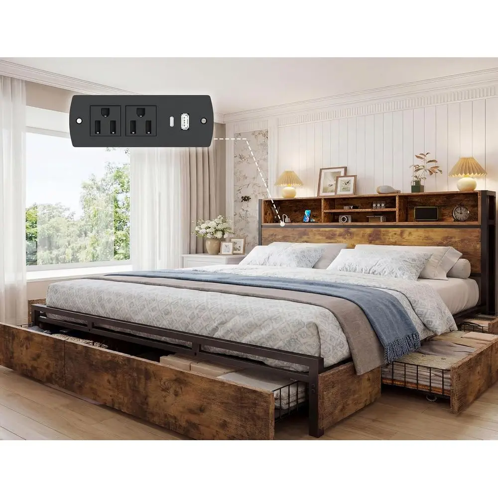 

Винтажная коричневая кровать King Size с 6 ящиками для хранения, зарядной станцией, бесшумная, не требует пружинного блока