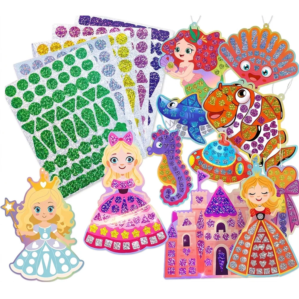Holographic Mosaic Princess Mermaid Art Set, Kids DIY Craft Kit Shiny Foil Stickers Educational Toy  DIY Room Decoration