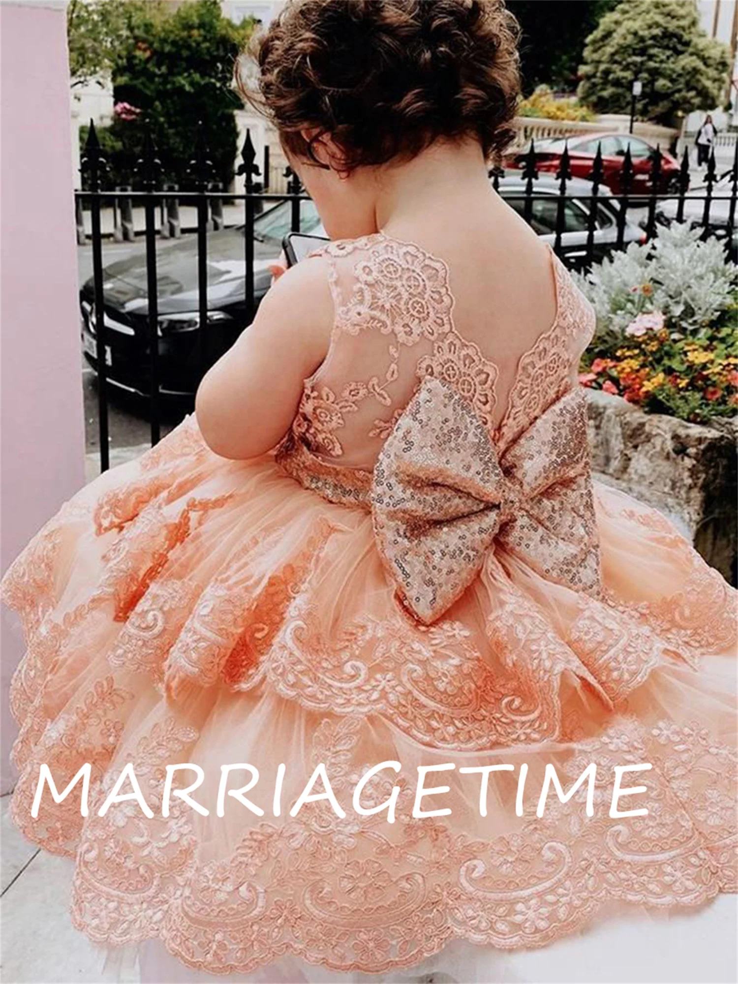 Applique Flower Girl Dress a-line Kids Princess Lace Simple Tea Length Wedding Sequin Bow Short Tulle Tutu Prom Dresses 2022