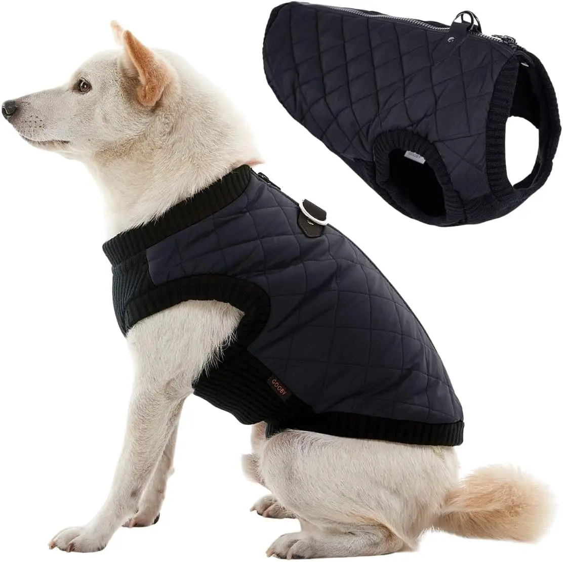 

Warm Zip-Up Dog Bomber Vest, Water Resistant with Dual D-Ring Leash for Small to Medium Dogs - Black, Large