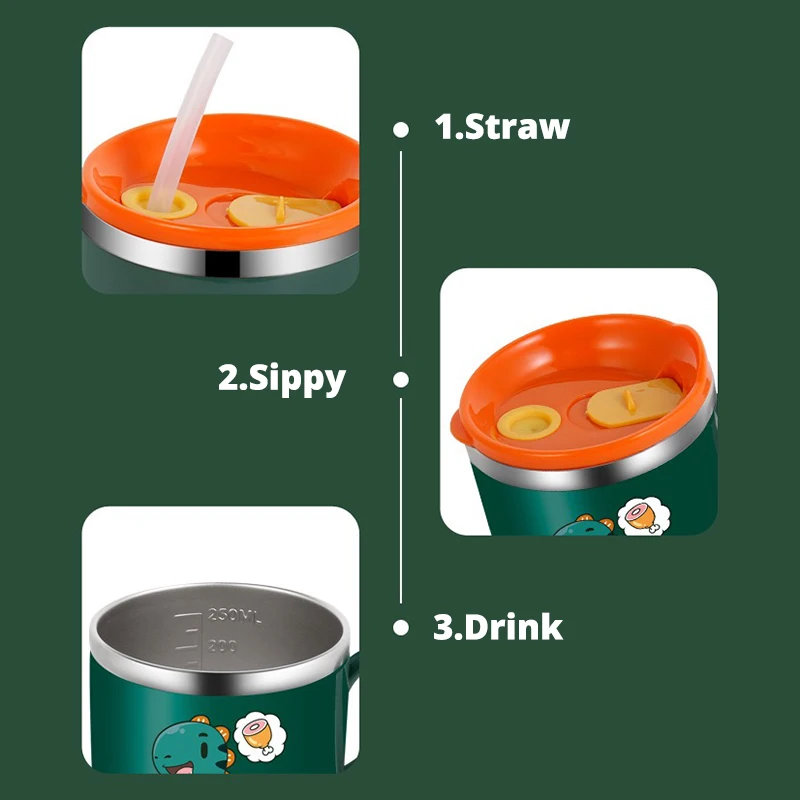 250ml/8.5oz bambini che bevono cannuccia per l'alimentazione tazza per bambini con coperchio e cannuccia e tazza per il latte in acciaio inossidabile 304 Anti goccia Cartoon One Hand Grip