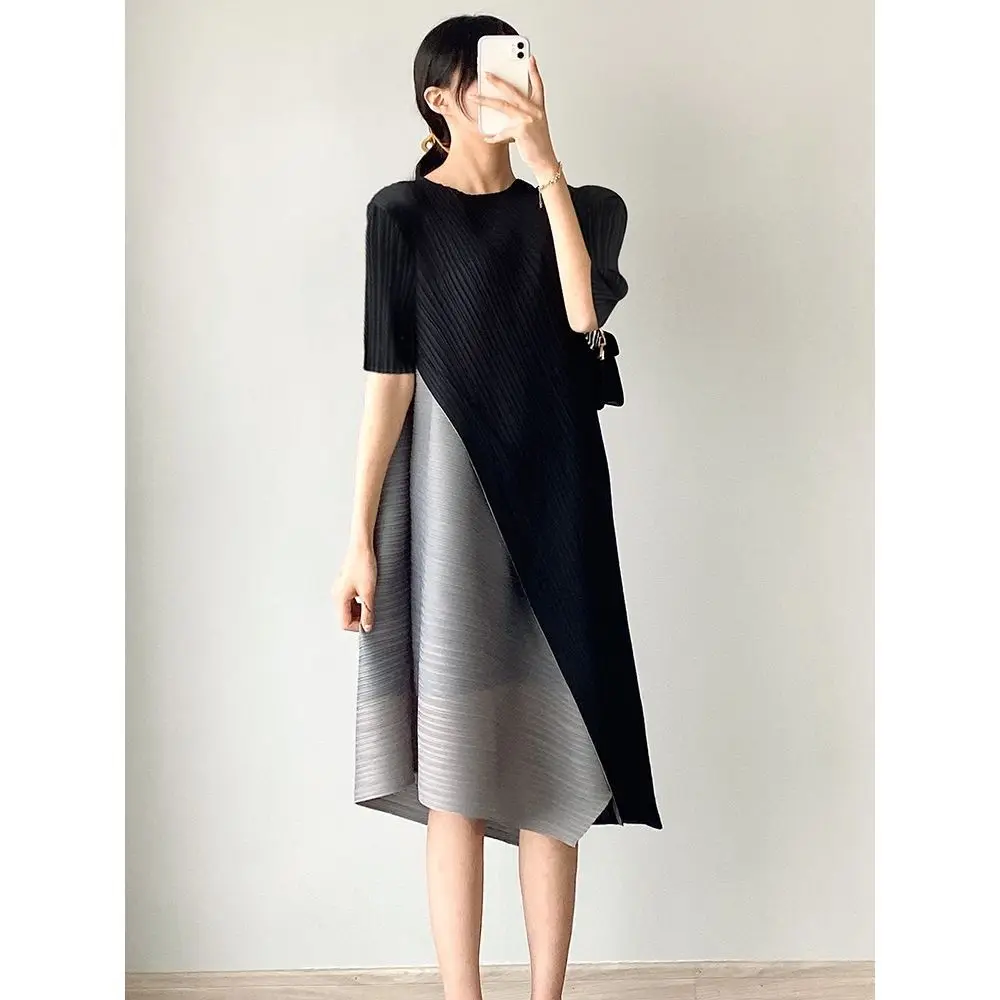 

Pleats Please Issey Miyake Color-Block Dress: Women's Relaxed Fit Short Sleeve Midaxi Shift Dress for Summer