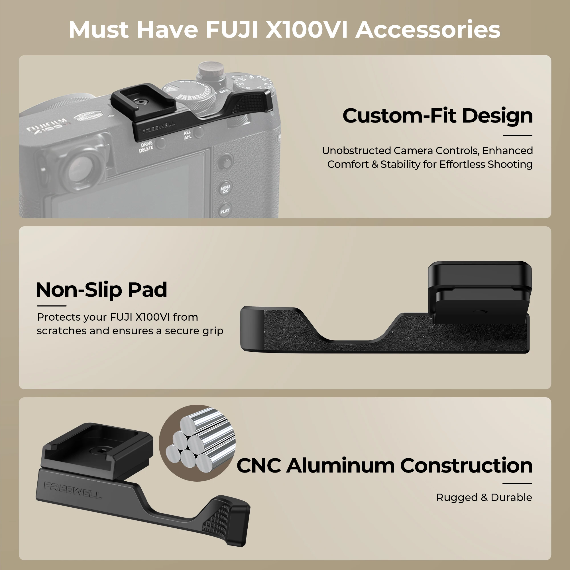 كاميرا Freewell Fuji X100VI عدسة مقربة 1.5x، عدسة ماكرو بزاوية واسعة، غطاء عدسة حقيقي، قبضة الإبهام وملحقات قبضة قوس L