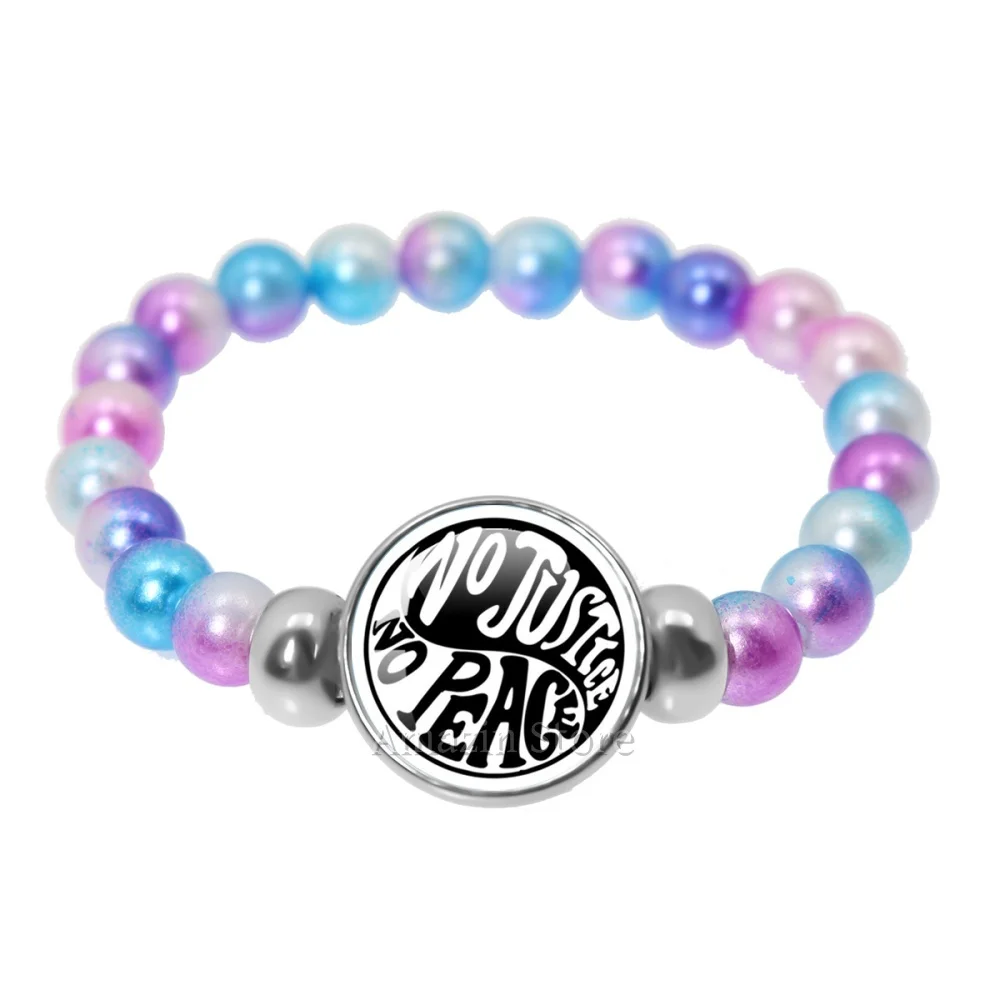 Hot Sales No Justice No Peace Slogan Glass Handmade 18mm Black And Colorful Beaded String Bracelet Glass Dome Gifts JD033