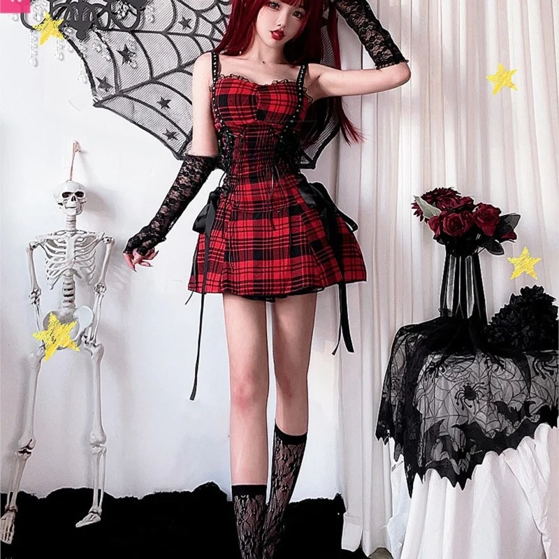 Dark Goth Sub-Culture Lace Sweet Cool Plaid Dress Singing Costumes