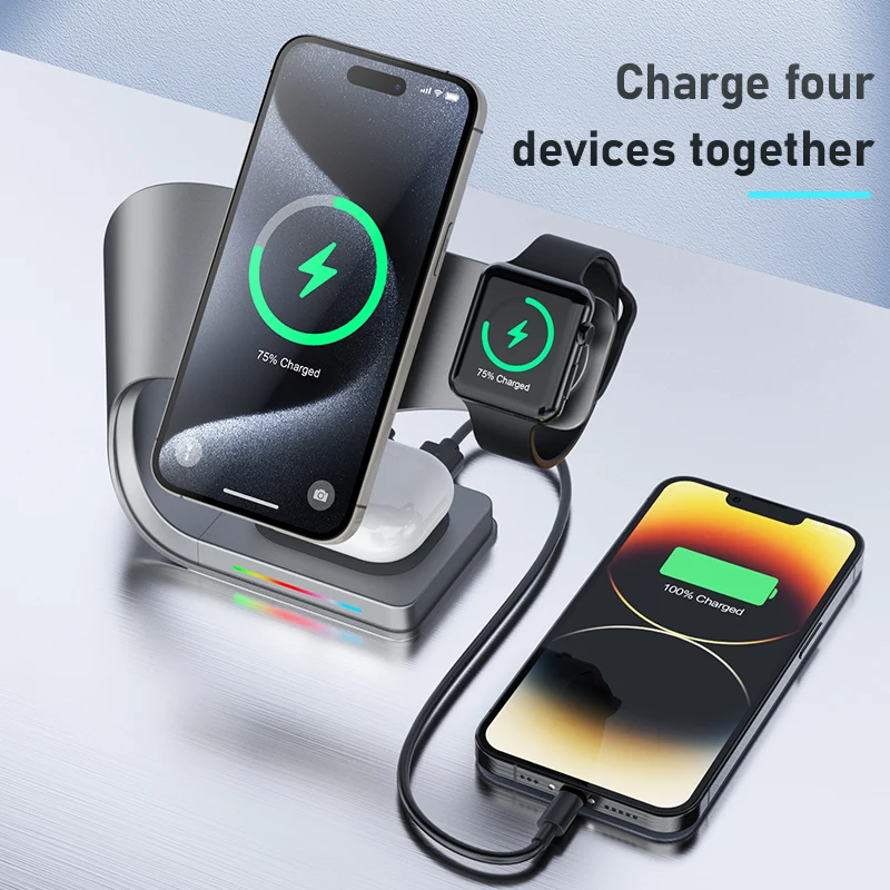 

3 in1 Wireless Charger Desktop Metal Magnetic Wireless Charging for iPhone 12-17 Mobile Phones Airpods Apple Watch