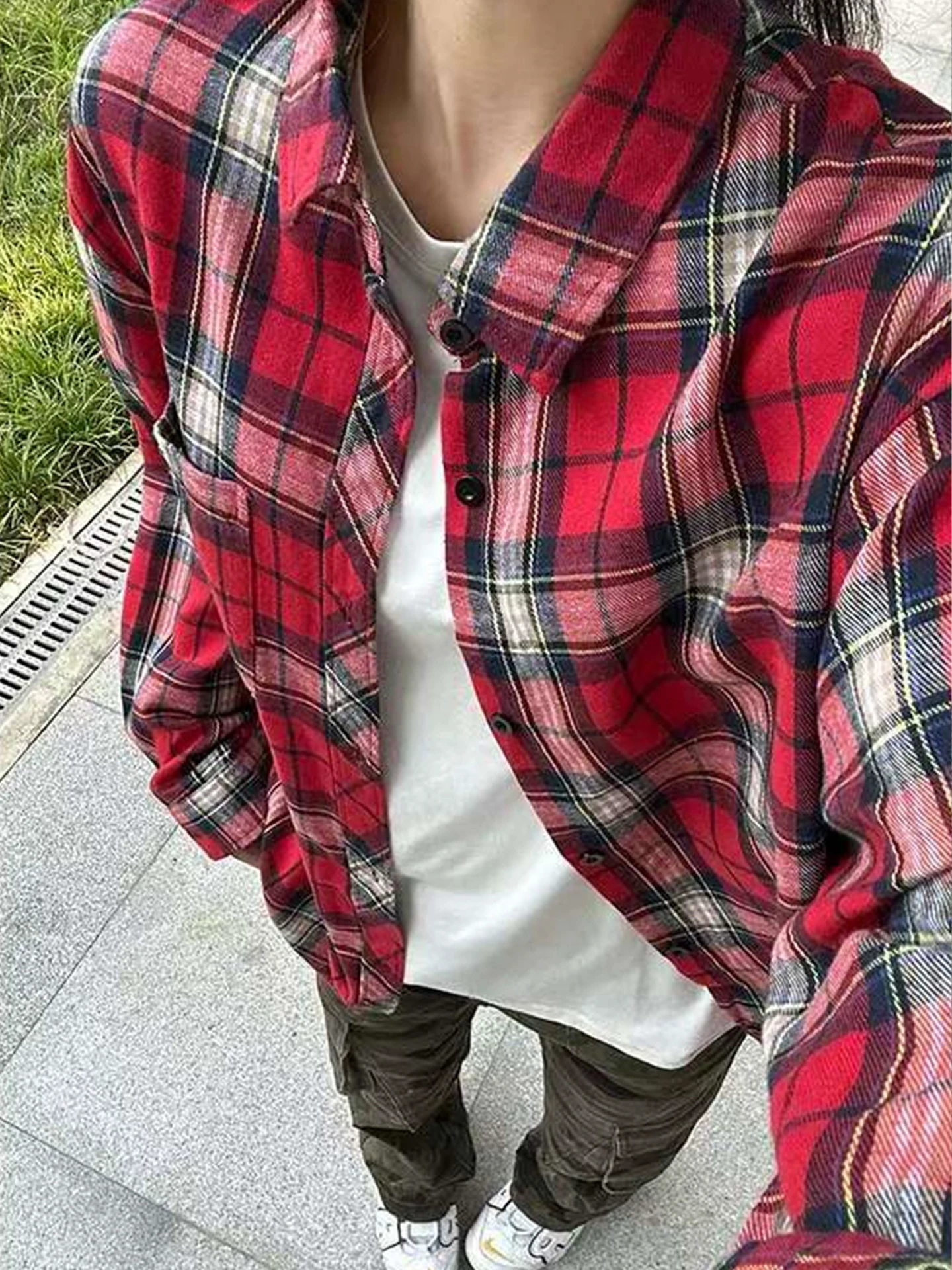 

Винтажная американская мужская рубашка в красную клетку с длинными рукавами, осенняя рубашка в непринужденном стиле, верхняя одежда для пар, рубашка свободного кроя