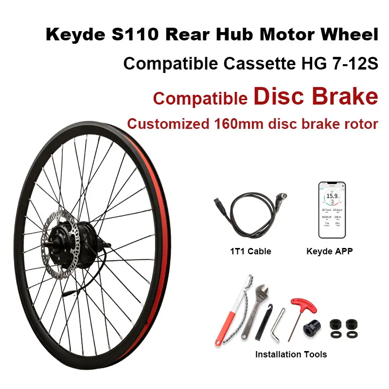 Keyde E-Bike-Systeme S110 Hinterradnabenmotor 20 Zoll 26 Zoll 700C Elektrofahrrad-Umrüstsatz Drahtloses Steuerungsfelgenset