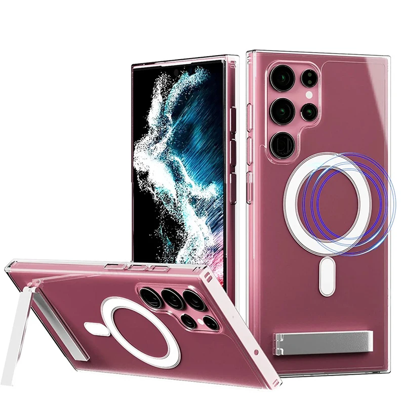 Klares Ständer gehäuse für Samsung Galaxy S22 Ultra S23 plus S21 Fe Kristall magnet gehäuse mit stoß fester Metallst änder abdeckung
