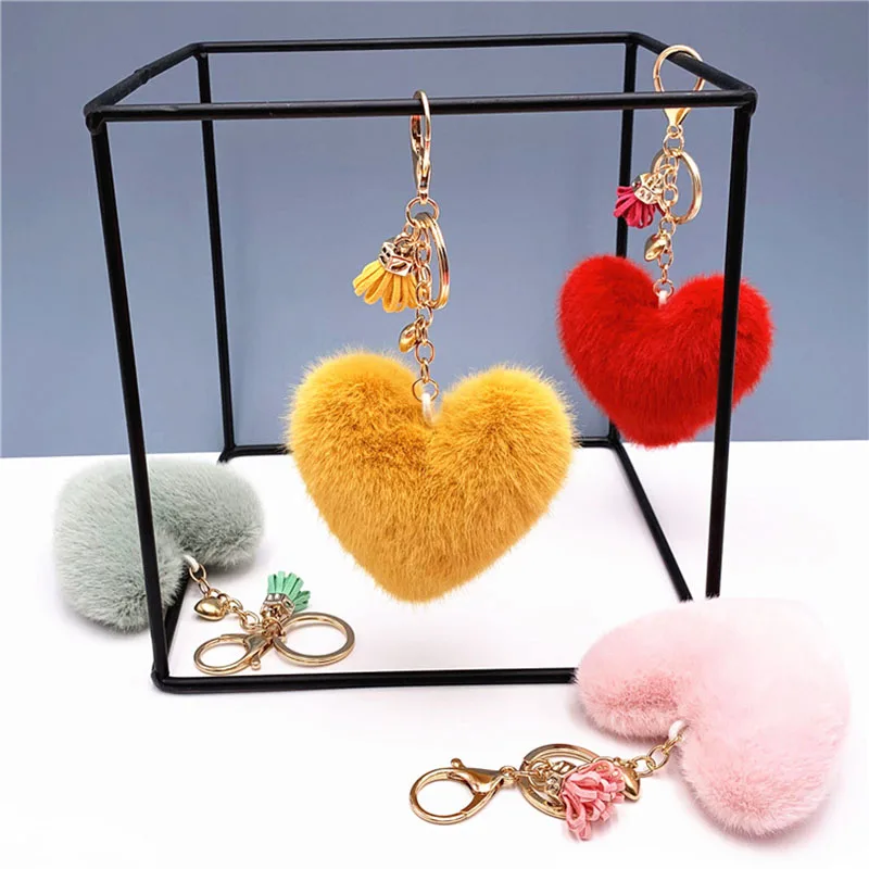 New Heart Plush Hair Ball Keychain Women Leopard Pompom Love Car Key Chain Bags Pendant Hairball Key Rings Jewelry
