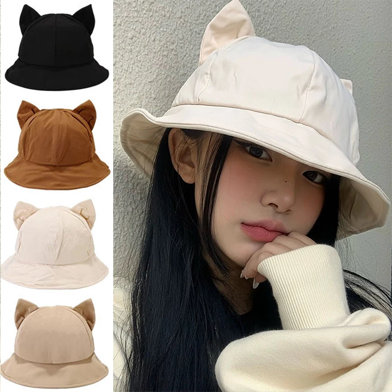 2024 Cute Cat Ear Bucket Hats Cartoon Sweet Solid Color Cotton UV Protection Beach Hat Fisherman Hat Sun Cap Kids Outdoor Travel