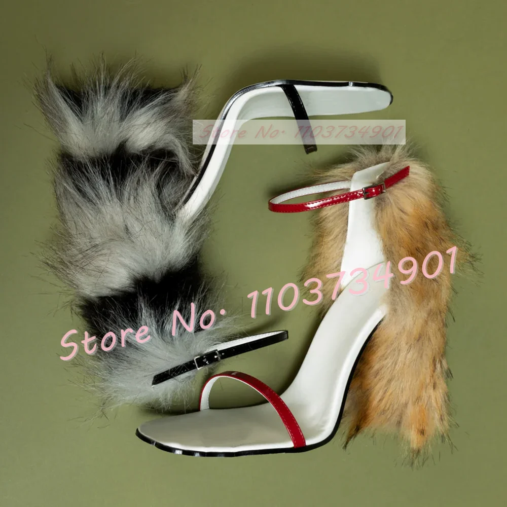 

Back Fur High Heels Sandals Women Novelty Open Toe Ankle Strap Party Sandals Female Classy Gradient Fur Patent Leather Shoes