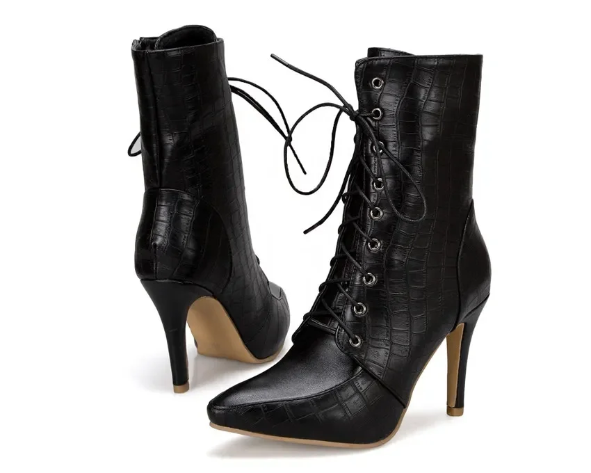 

Winter Women Ankle Boots Yellow Red Crocodile High Spike Heels Dress Office Ladies British Malden Pointed Toe Zipper Short Boots