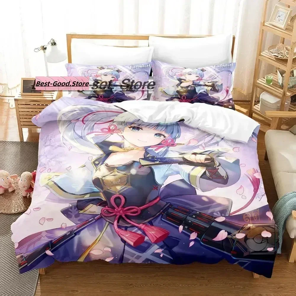 Kawaii Genshin Impact Kamisato Ayaka Bedding Set Duvet Cover Sheet Printed Pillowcase Bed Full Queen King Size Comforter Bedroom