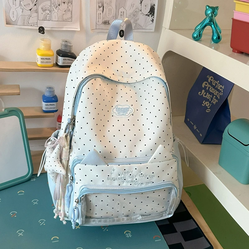 Cute Polka Dot Backpack Cat Ear Preppy Style Nylon Lightweight Backpack for Junior High Senior High School Girls Casual Ita Bag