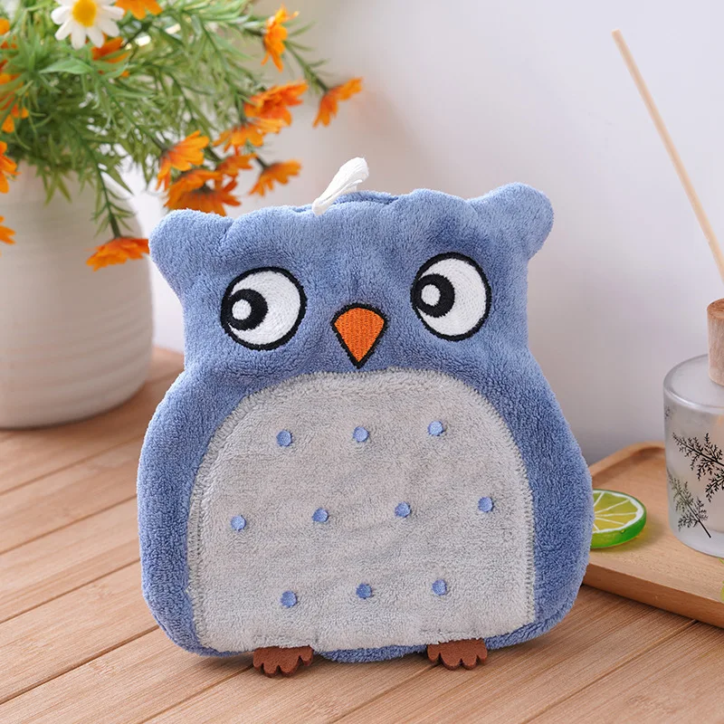 Cute Hand Towels with Hanging Hoop Cartoon Owl Shaped Soft Plush Hanging Towels Home Decoration
