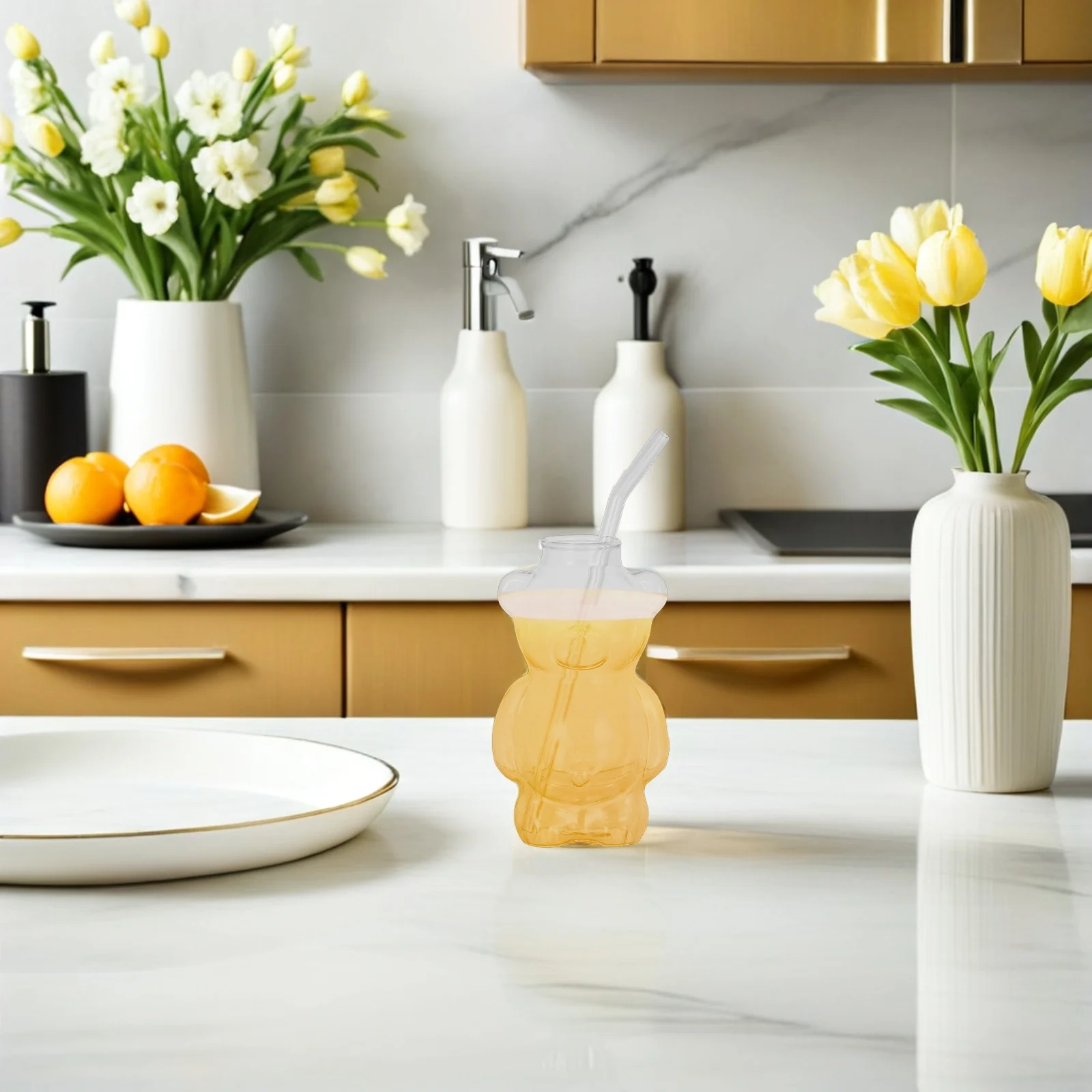 

2Pcs Bear Straw Cups Honey Bear Tumbler Glass Cute Animal Shaped Drinking Glass for Coffee Juice Party Holiday Gift