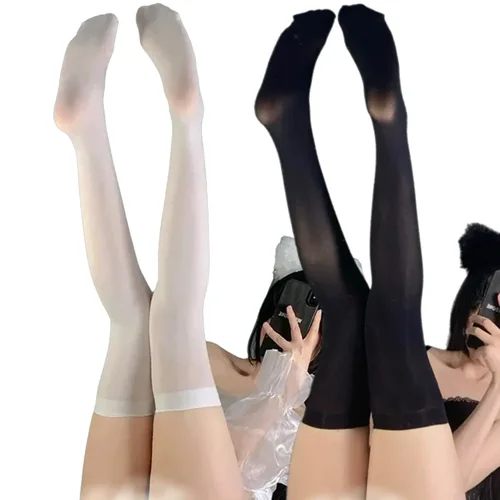 Imagen 2 del producto 1/2 pares de calcetines largos blancos y negros de Color sólido, medias Kawaii JK para niñas escolares, medias altas hasta el muslo, calcetines bonitos hasta la rodilla Lolita