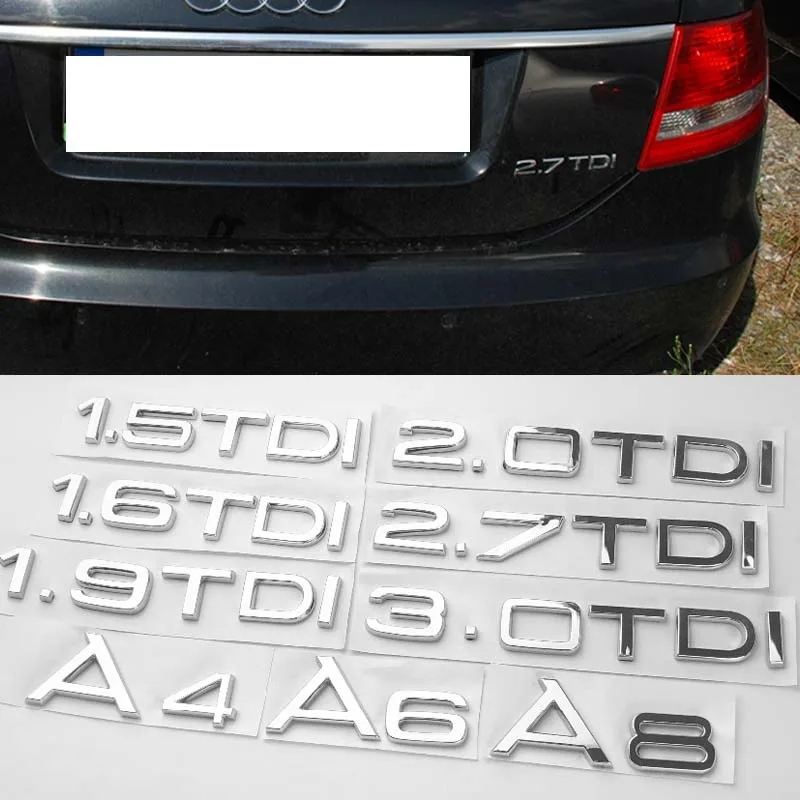 1.9 2.0 2.7 3.0 TDI Letters Silver Chrome Emblem Car Styling Rear Trunk Discharging Sticker for Audi A3 A4 A5 A6 A7 A8 Q3 Q5 Q7