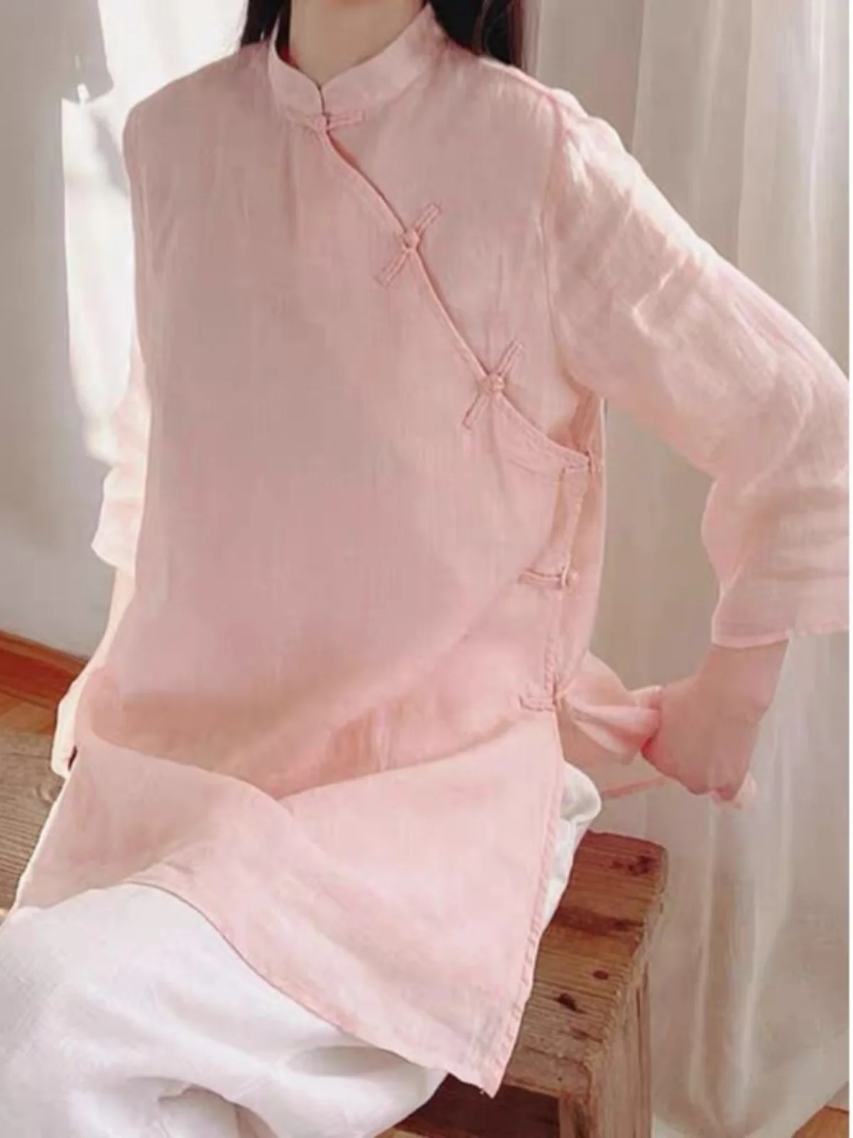 

New Chinese Sle Women's Cotton Linen irt Summer Vintage National Sle Zen Tea Clothing Reformed Flag Robe Top Button up