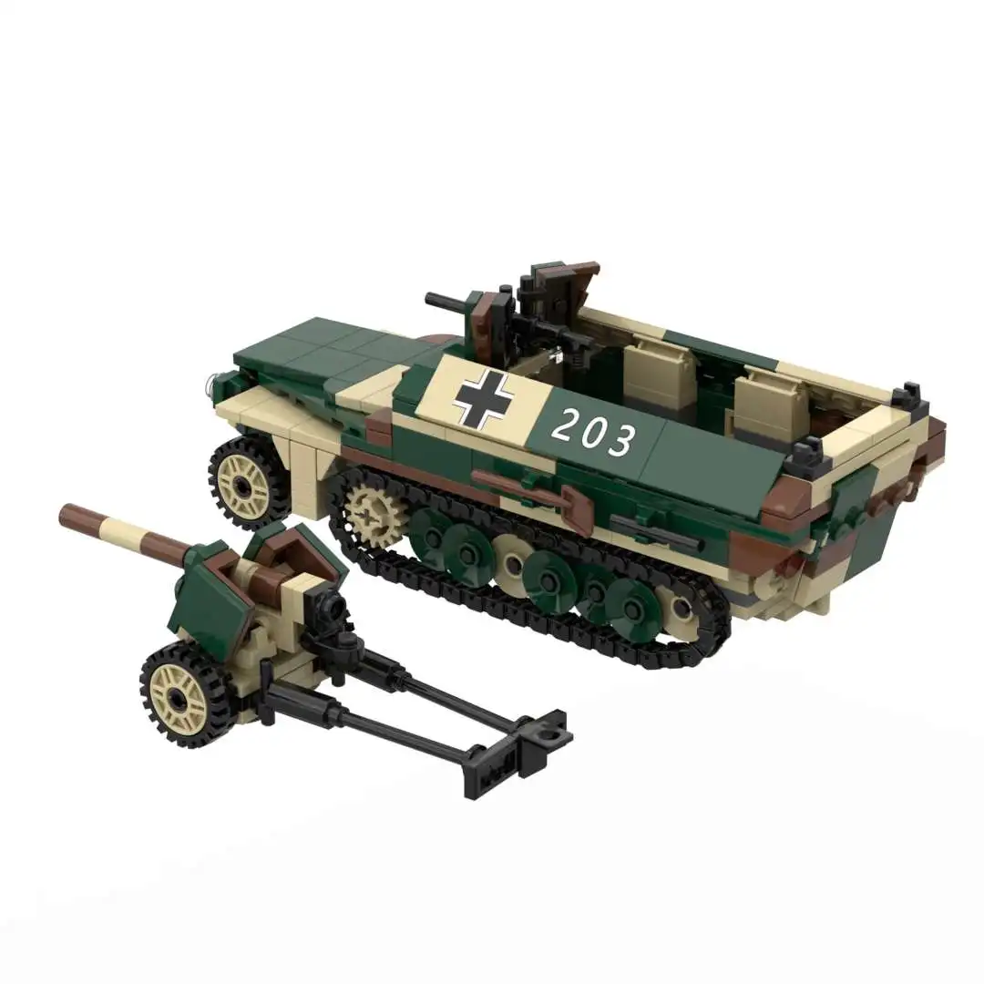 WW2 German Army SdKfz 251 Ausf D Armored Half Track Carrier with Pak40 Anti-Tank Gun Camouflage Military Block Toy