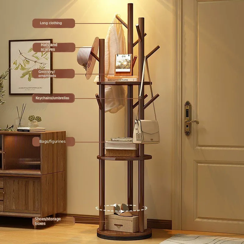 Freestanding Solid Wood Rotating Garment Rack With 3 Tier Shelves & 9 Hanging Hooks