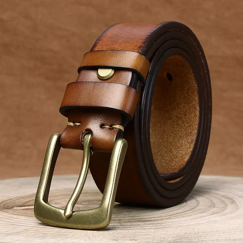 

Thickened top layer cowhide belt men's genuine leather pin buckle retro pure copper simple versatile jeans belt