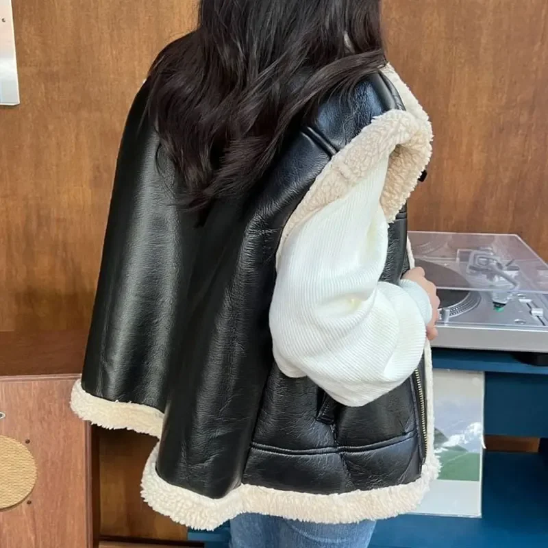 Chaqueta de lana gruesa para mujer, abrigo de cuero elegante sin mangas con cremallera, traje de cuello vuelto coreano, color caqui, Otoño e Invierno