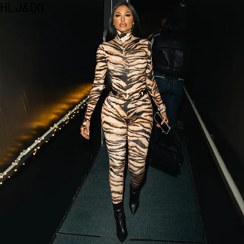 HLJ&GG Modische Tiger-Print Bodycon Einteiler-Sets für Damen, Hochkragen, Langarm, Schlanke Playsuits, Sommer-Streetwear 2026
