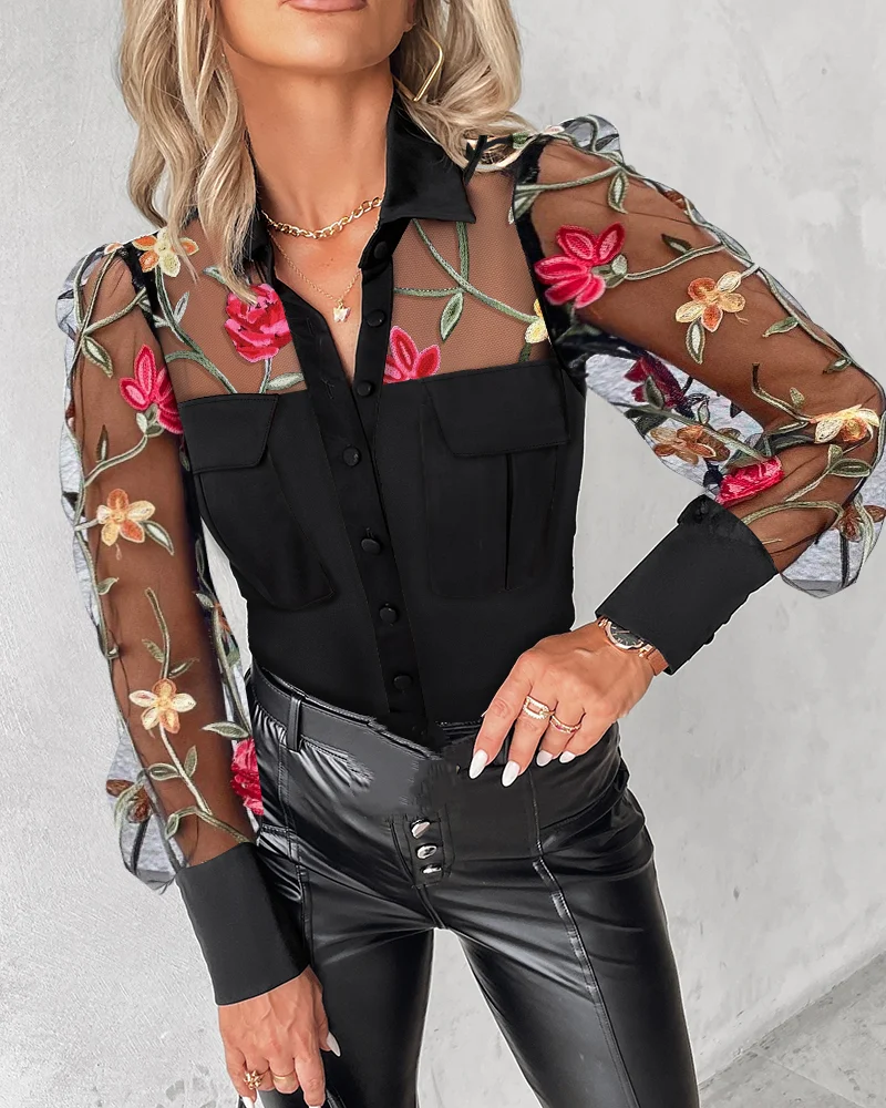 Women's Top Fashion New Style Lace Patchwork Lapel Top Sexy Hollowed Out Retro Casual Personalized Top Shipped Within 48 Hours