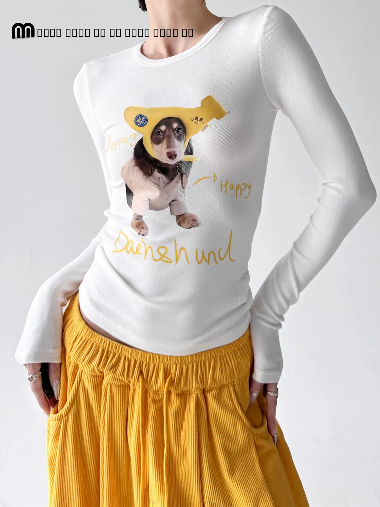 

Женская модная футболка с эффектом похудения в американском стиле ретро с милым принтом собаки Long Sve Base irt для различных случаев