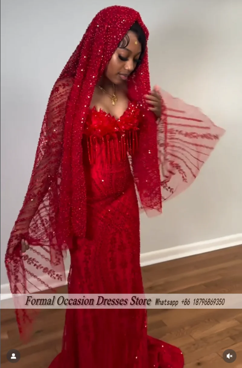 Luxury Red Prom Dresses With Veil 2026 Sequin Beading Black Girls Evening Dress 2025 Sleeveless Birthday Party Gowns Customized image 3